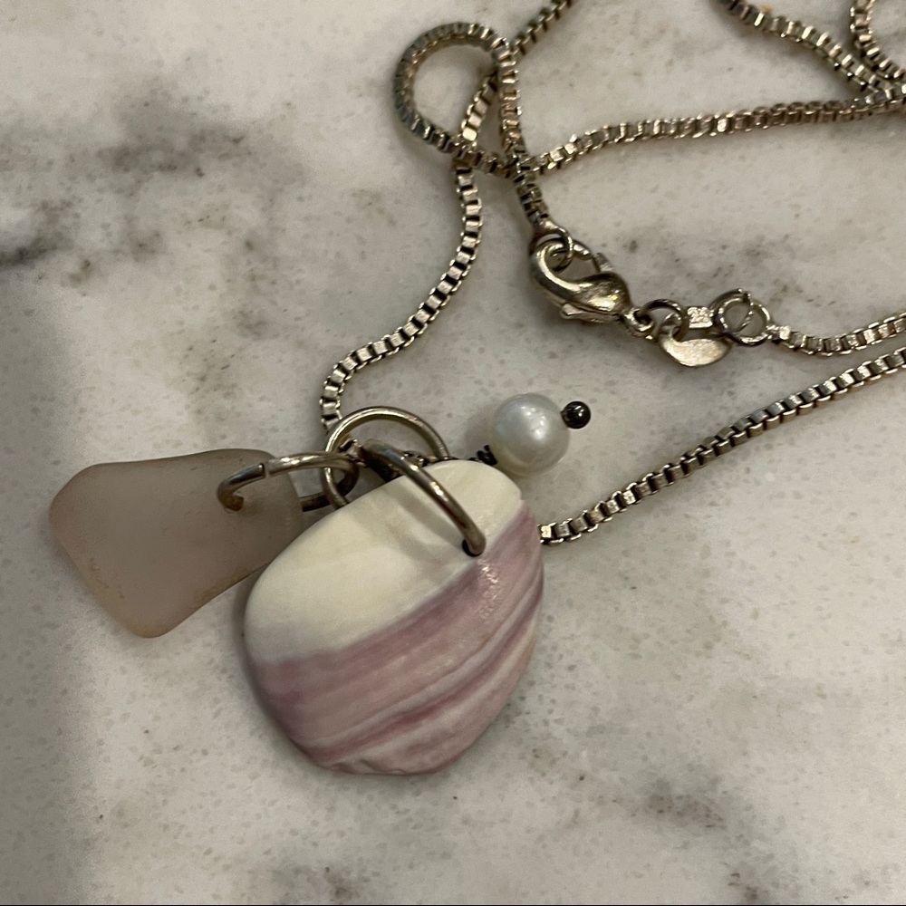 925 silver necklace with shell, sea glass and pearl charms - Picture 6 of 10